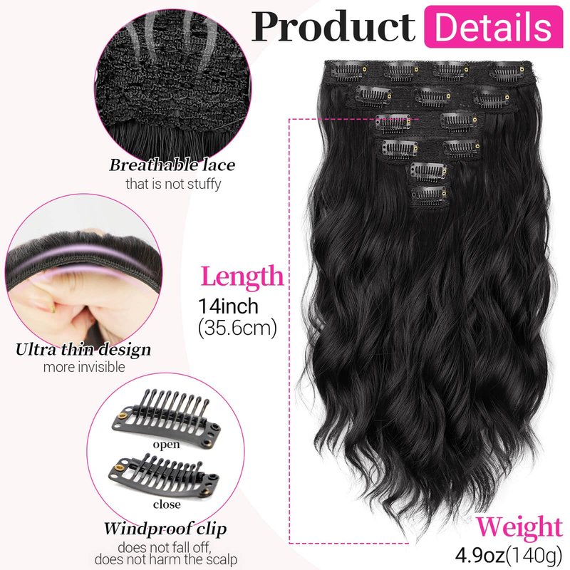 KooKaStyle 14 Inch Clip in Hair Extensions, 6 Pieces Short Hair Extensions,Wavy Synthetic Hairpieces Invisible Lace Weft, Natural Looking Lightweight Thick Hair Pieces for Women Daily Wear, Black