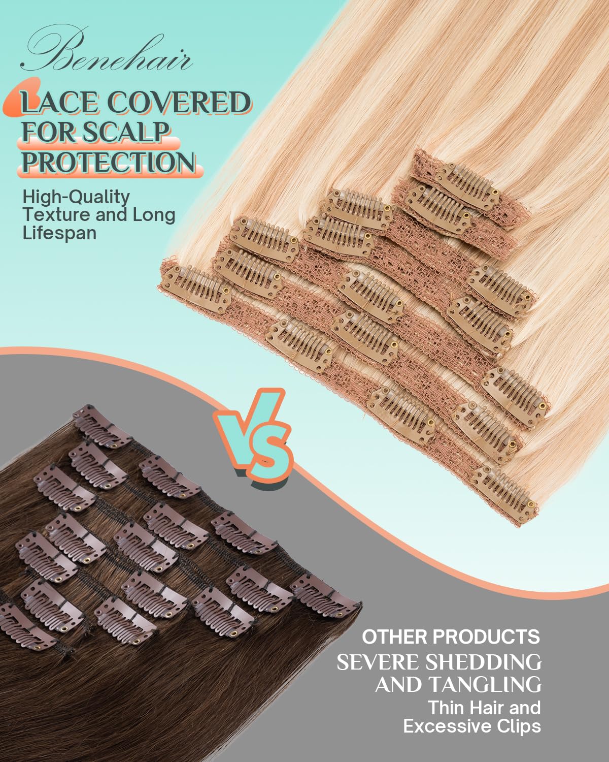 Benehair Clip in Hair Extensions Real Human Hair 12inch Double Weft Light Blonde Mixed Bleach Blonde Hair Extensions Clip in Human Hair Lace Weft Straight Hair Extension Clip ins 7pcs 90g #18P613