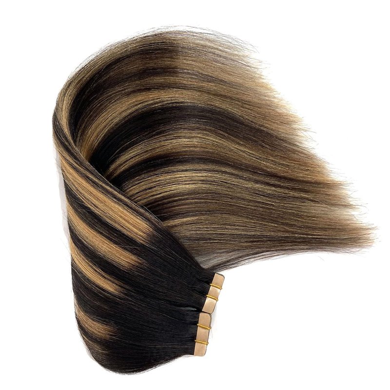 Tape in Hair Extensions Human Hair Yaki Straight Natural Black Hair Extensions Balayage Caramel Blonde Highlights Real Remyh Human Hair 12 Inch 50g/pack 20pcs Tape Hair Extensions for Black Women