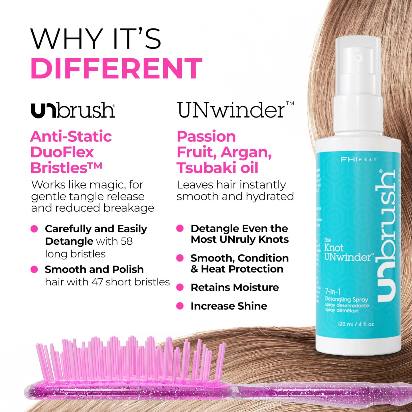 FHI Heat UNbrush Detangling Brush and UNwinder Detangling Spray Combo Pack - Tangle-Free Hair, Pain-Free Brushing, Anti-Static Bristles, Lightweight Hair Brush, Rose Quartz Pink