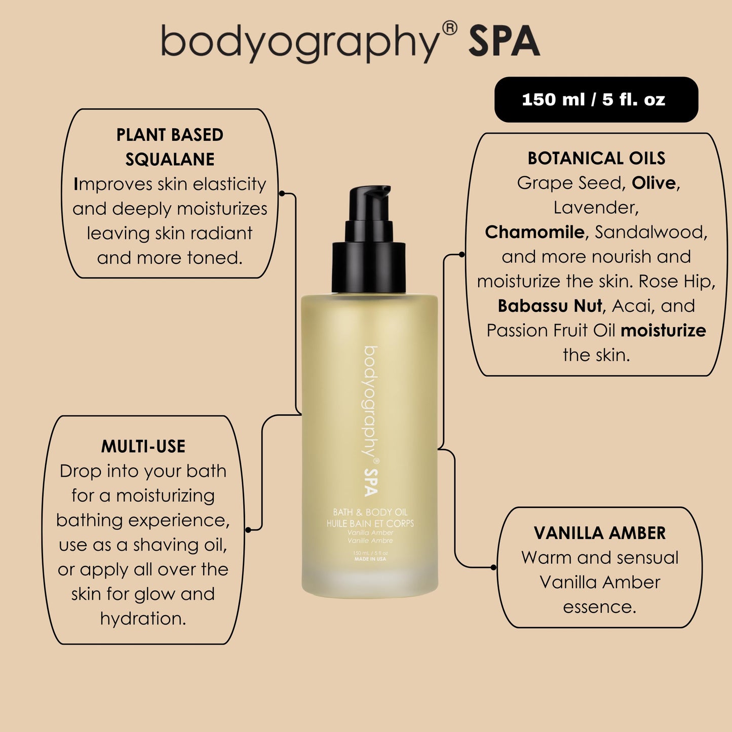 Spa Bath and Body Oil - Vanilla Amber by Bodyography for Women - 5 oz Body Oil