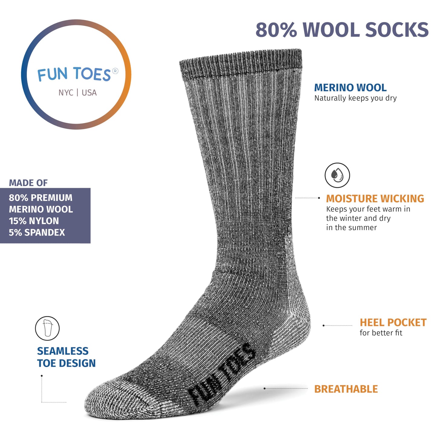 FUN TOES Merino Wool Socks For Men Hiking Boot Thermal Warm Cushioned Crew 6 Pairs (US, Numeric, 8, 12, Regular, Regular, Grey)