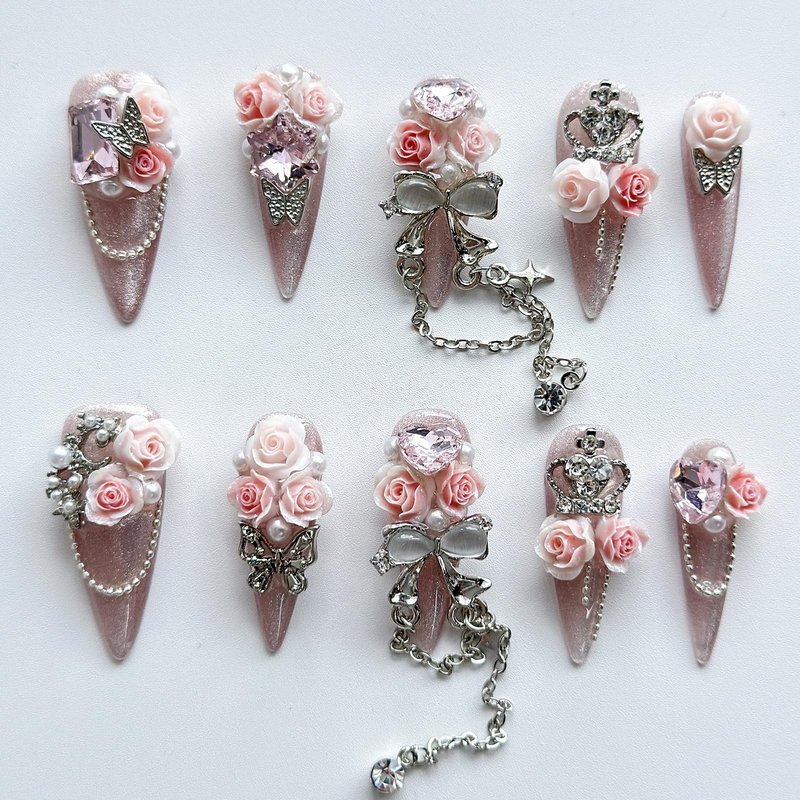Luxury Press on Nails Long Almond Handmade 3D Unique Reusable ABS Material Fake Nails Pink Gothic False with Designs Glitter Bow Rhinestones Charms Glossy Glue on Nails Thick Acrylic Nails(M)