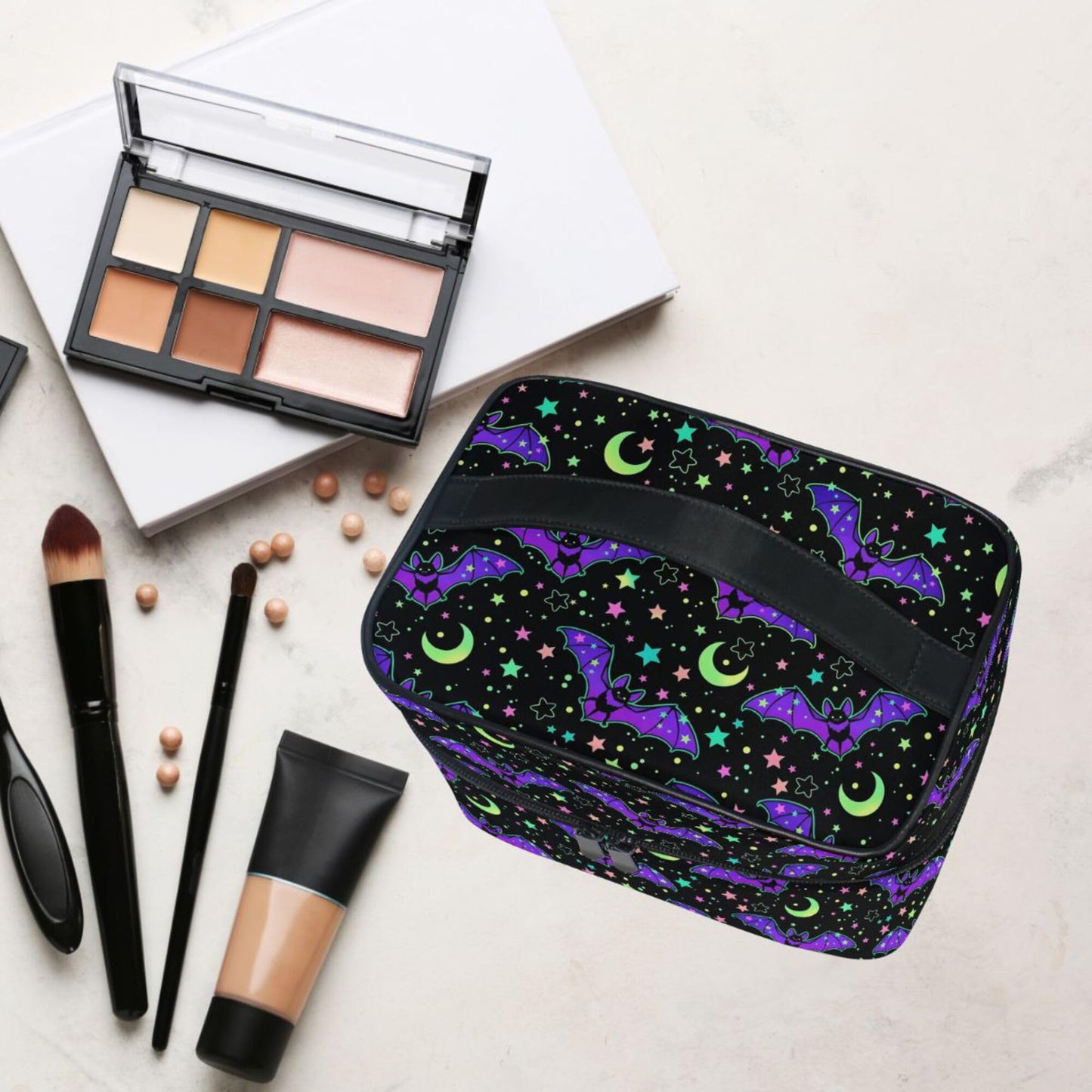 MNSRUU Goth Makeup Bag, Magic Gothic Galaxy Bat Makeup Organizer Bags Toiletry Bag Box Travel Cosmetic Bag Make Up Train Case for Women Teen Girl Ladies Skulls 219