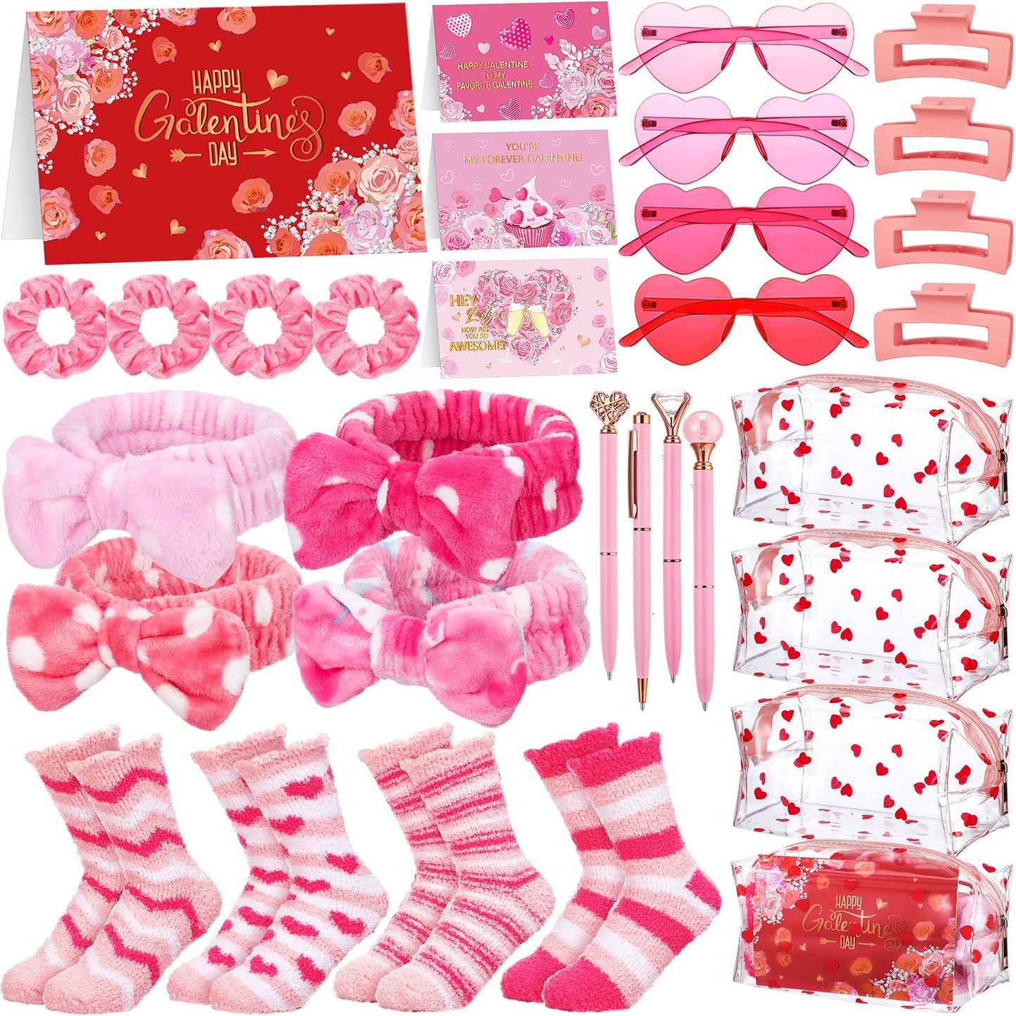 Geiserailie 4 Set Galentine's Gift 32 Pcs Valentines Gift for Her Pink Makeup Bags Spa Hairband Hair Scrunchies Hair Clips Heart Sunglasses Pens Socks Cards Sleepover Party Supplies for Women