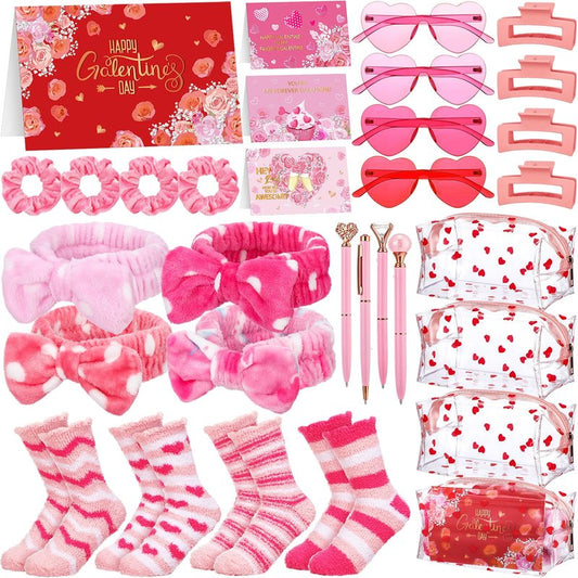 Geiserailie 4 Set Galentine's Gift 32 Pcs Valentines Gift for Her Pink Makeup Bags Spa Hairband Hair Scrunchies Hair Clips Heart Sunglasses Pens Socks Cards Sleepover Party Supplies for Women