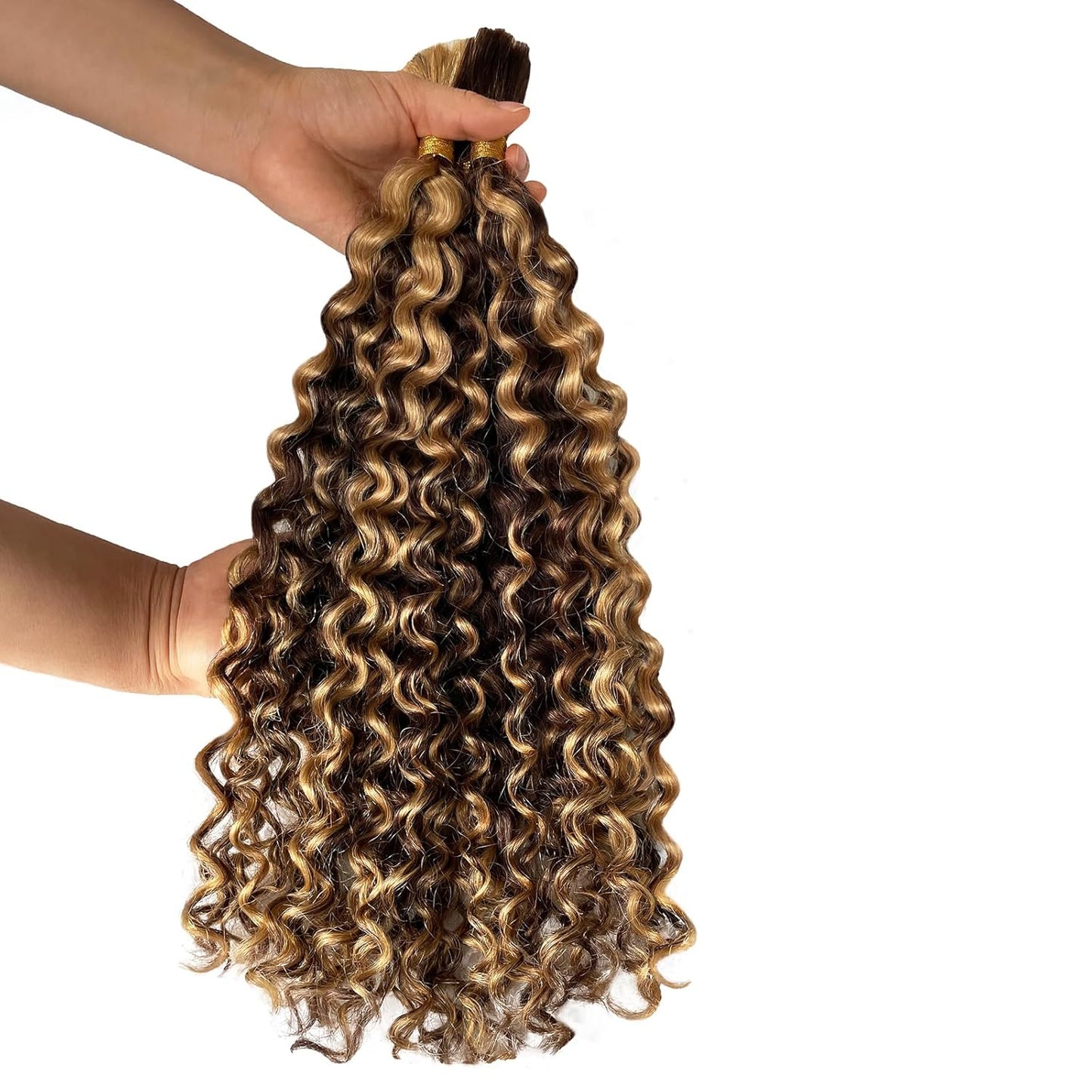 Human Braiding Hair - Deep Wave Ombre Curly Bulk Hair, 100g 2 Bundles | 14in P4/27 Highlight Brown for Boho Braids