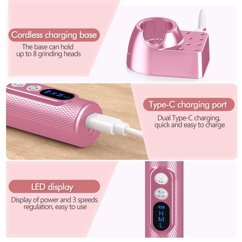 PUNOLAZY Electric Nail Drill - Nail Filer for Acrylic Nails Professional, Manicure Pedicure Polishing Shape Tools for Home Salon Use Nail Kit, Pink