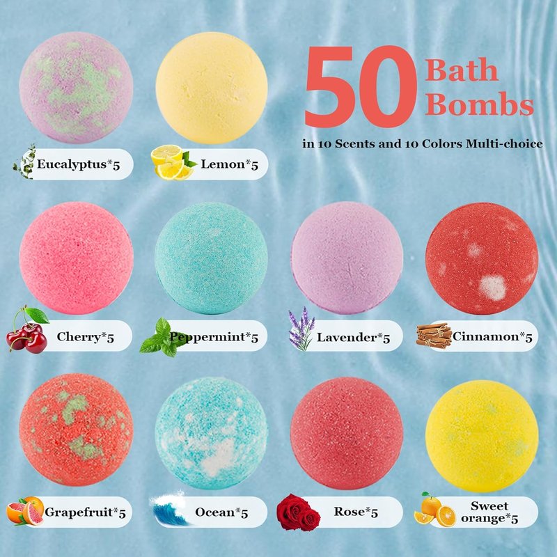 Natural Organic Bath Bombs Gift Set - 50 Pcs with 10 Scents | Handmade Spa Bubble Bath Fizzies for Women, Men, and Special Occasions