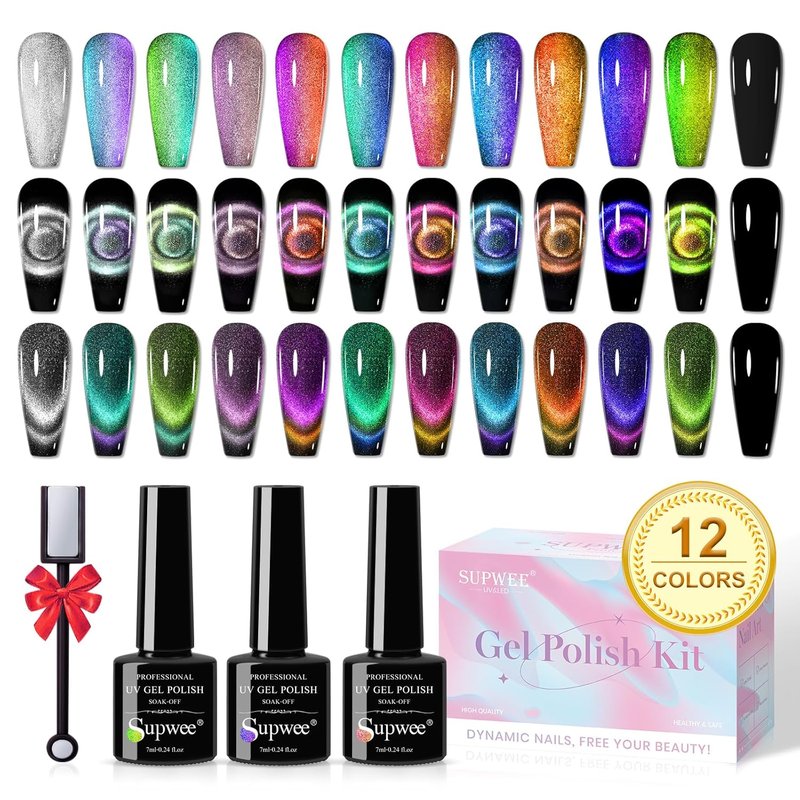 Cat Eye Gel Nail Polish Set - 12 Colors 9D Magnetic Nail Art | DIY Home Manicure Kit with Black Gel & Lamp