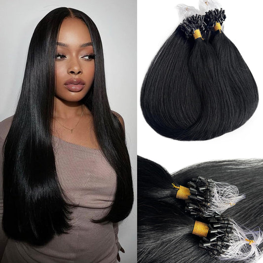 Microlink Hair Extensions Jet Black Human Hair Micro Loop Bundles 14 Inch