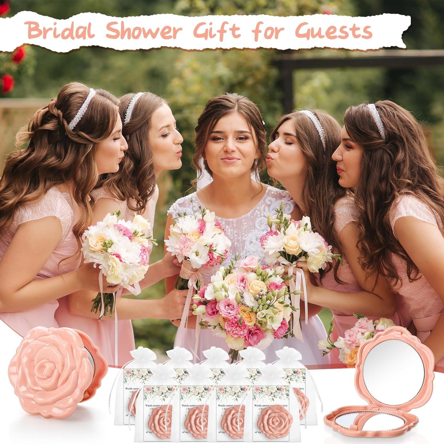 Bridal Shower Party Favors - 30 Sets Rose Compact Mirrors with Thank You Cards & Organza Bags | Pink Champagne