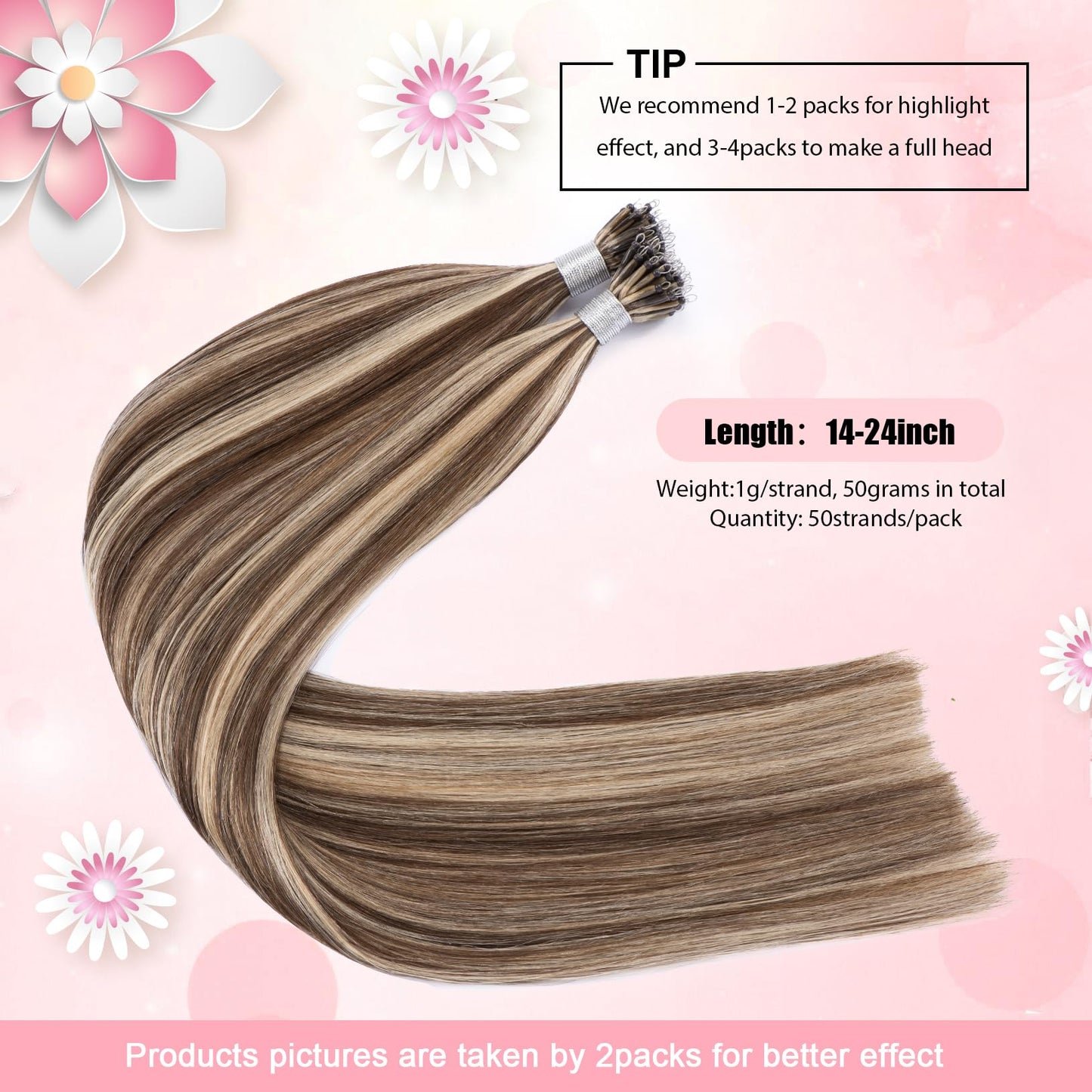 Senmy Microbead Hair Extensions Human Hair 14inch #4/613 Brown mix blond Nano Bead Hair Extensions Human Hair 1g/strand 50g Nano Ring Extensions For Women
