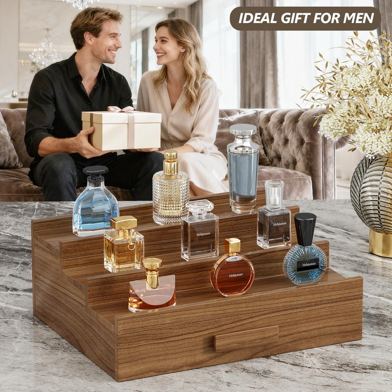 Hrbjunuo Solid Walnut Cologne Organizer for Men, 3 Tier Cologne Stand, Wooden Cologne Holder Display Shelf with Drawer Storage and Hidden Compartment, Perfume Stand Organizer, Gift for Men Dad Husband