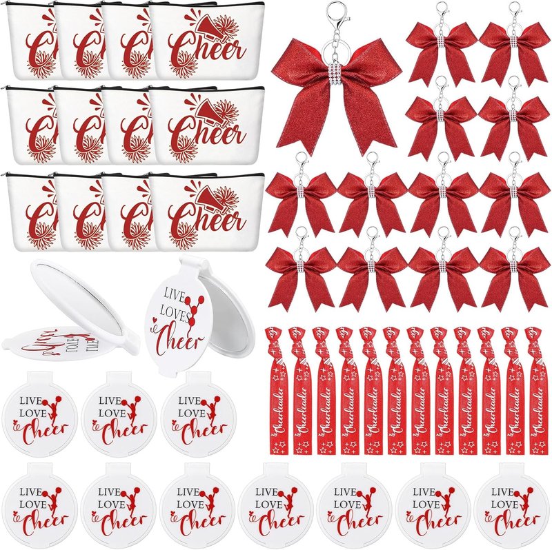 Cheerleader Gifts Set - 48 Pcs Bulk Cheer Gifts with Makeup Bags, Bracelets & Mirrors | Red Party Favors