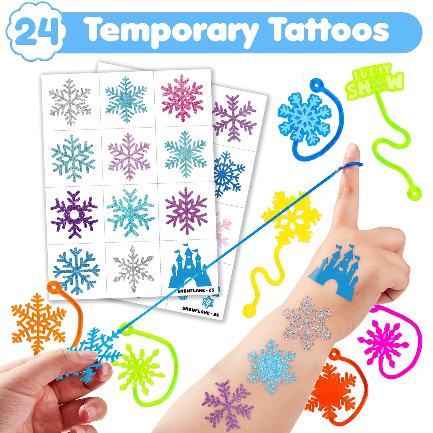 48 PCS Snowflake Party Favors - 24 Temporary Tattoos & 24 Stick Hands