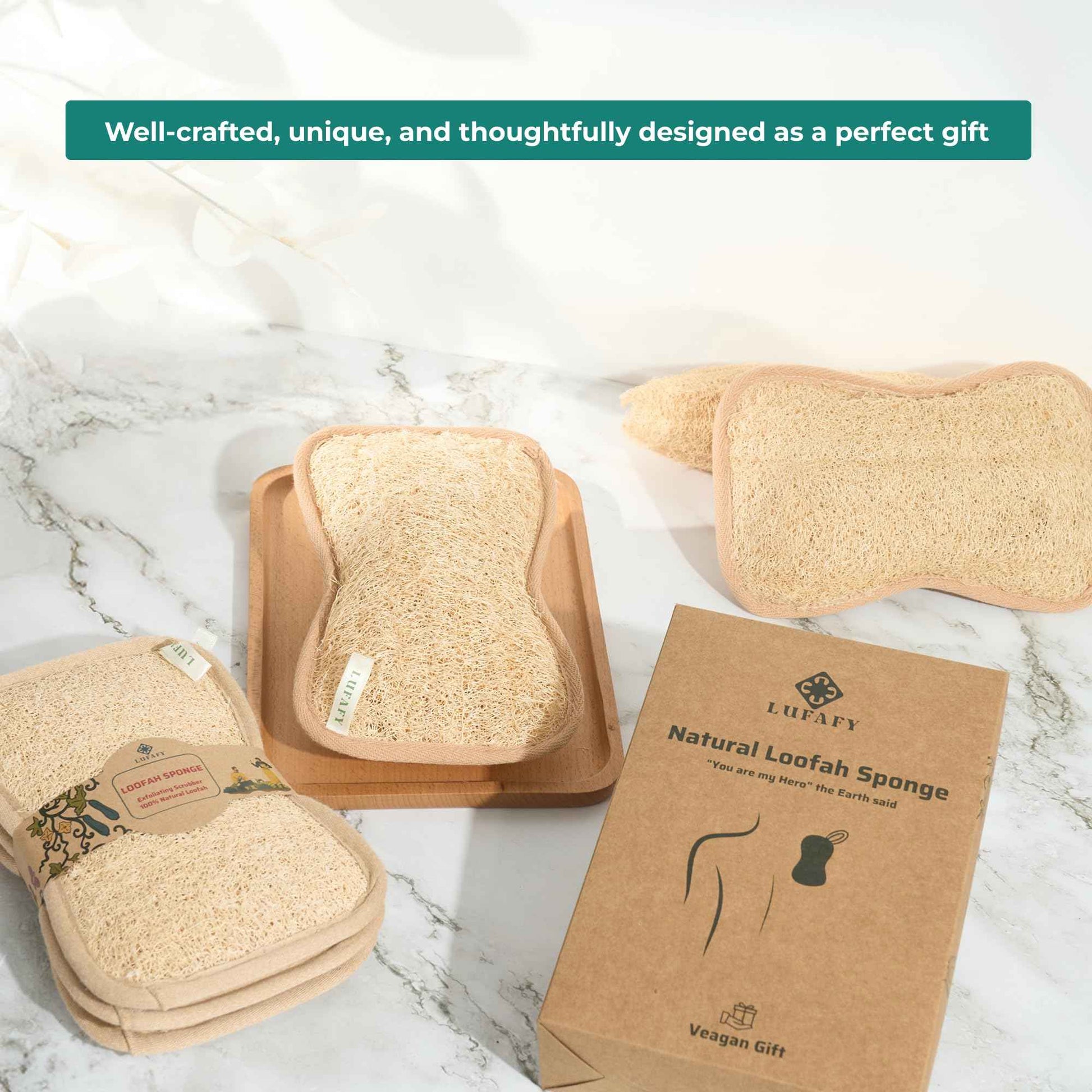 LUFAFY Large Premium Natural Dual Sided Loofah Sponge (3 - Pack), Exfoliating Body Scrubber, 100% Plant-Based Shower Luffa Sponge, Bath Loofah for Women and Men