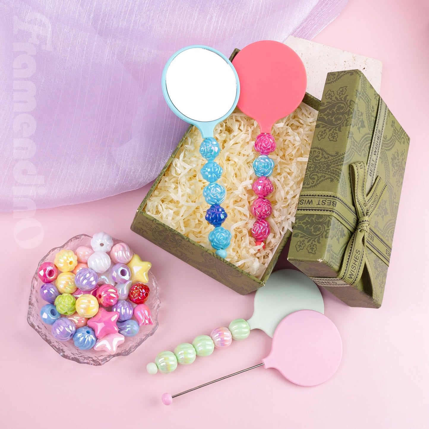 Framendino, 19 Pack Beaded Bar Handheld Mirrors Mini Round for DIY Crafts 19 Colors