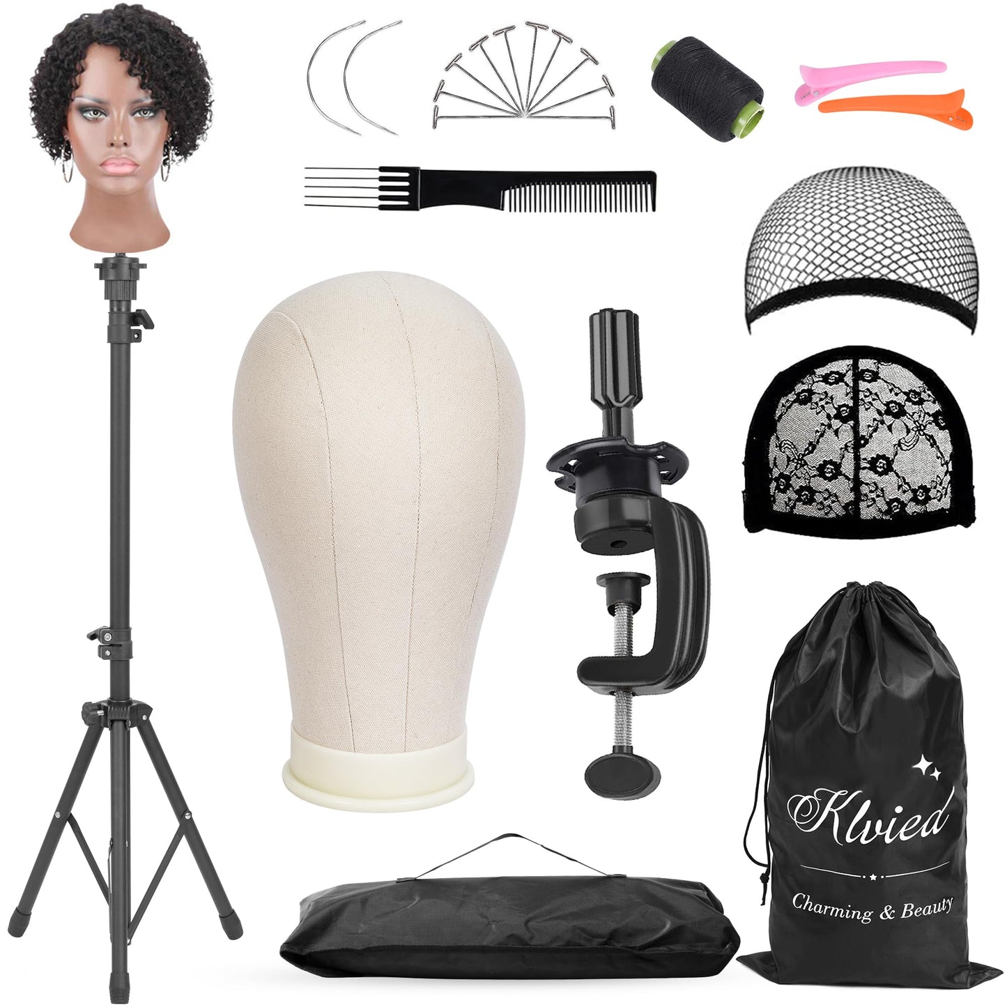 Klvied Wig Stand with 22 Inch Canvas Wig Head, Adjustable 34.64-51.48 Inch Tripod and Table Clamp Set for Wig Display, Basic Styling and Cosmetology Practice, with Carrying Bag