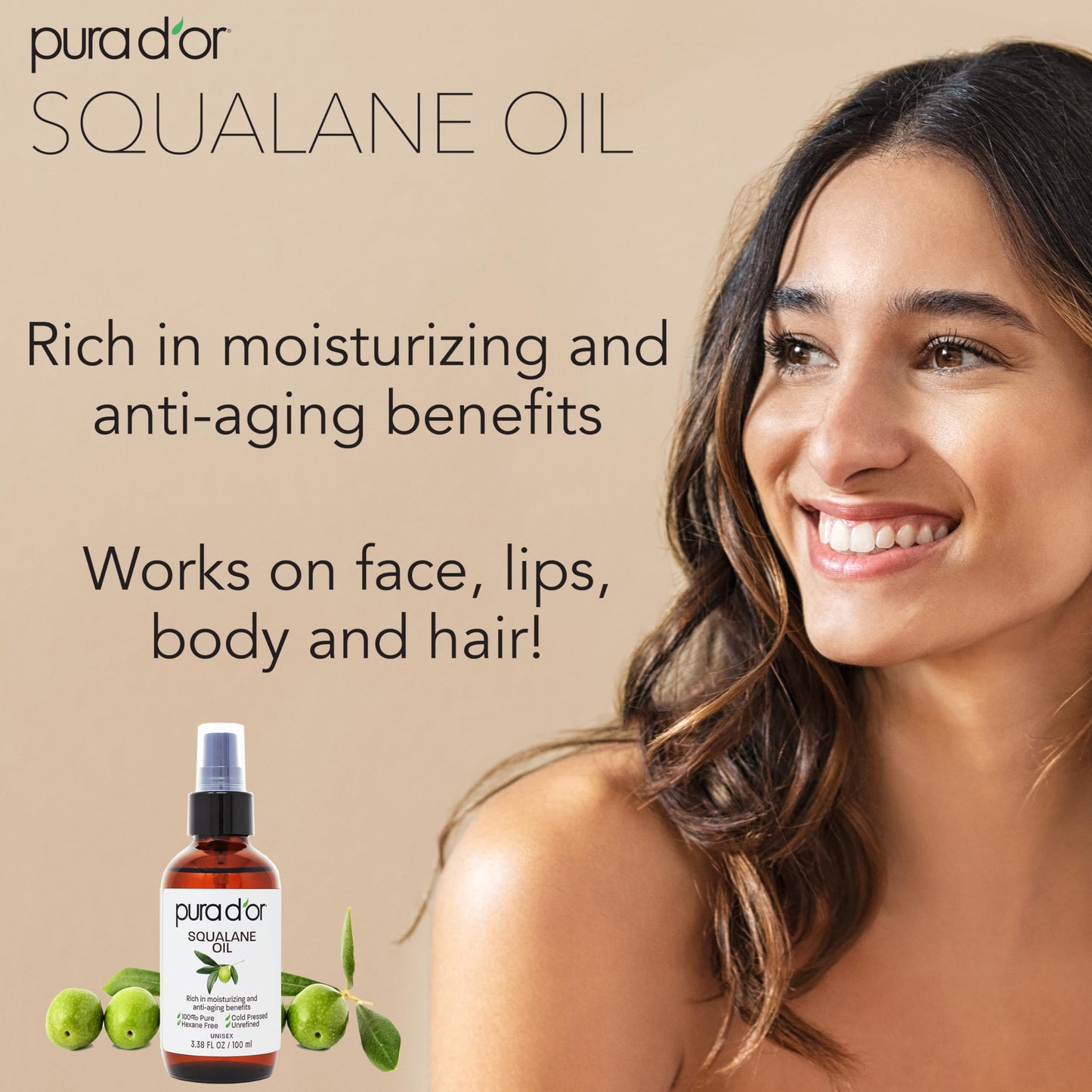 PURA D'OR 3.38 Oz Squalane Oil - Non-GMO 100% Pure & Natural - Moisturizer For Face, Hair And Body - Vegan, Cruelty-Free with Anti-Aging Benefits - Men & Women - Travel Size, Ayurvedic Skin Care