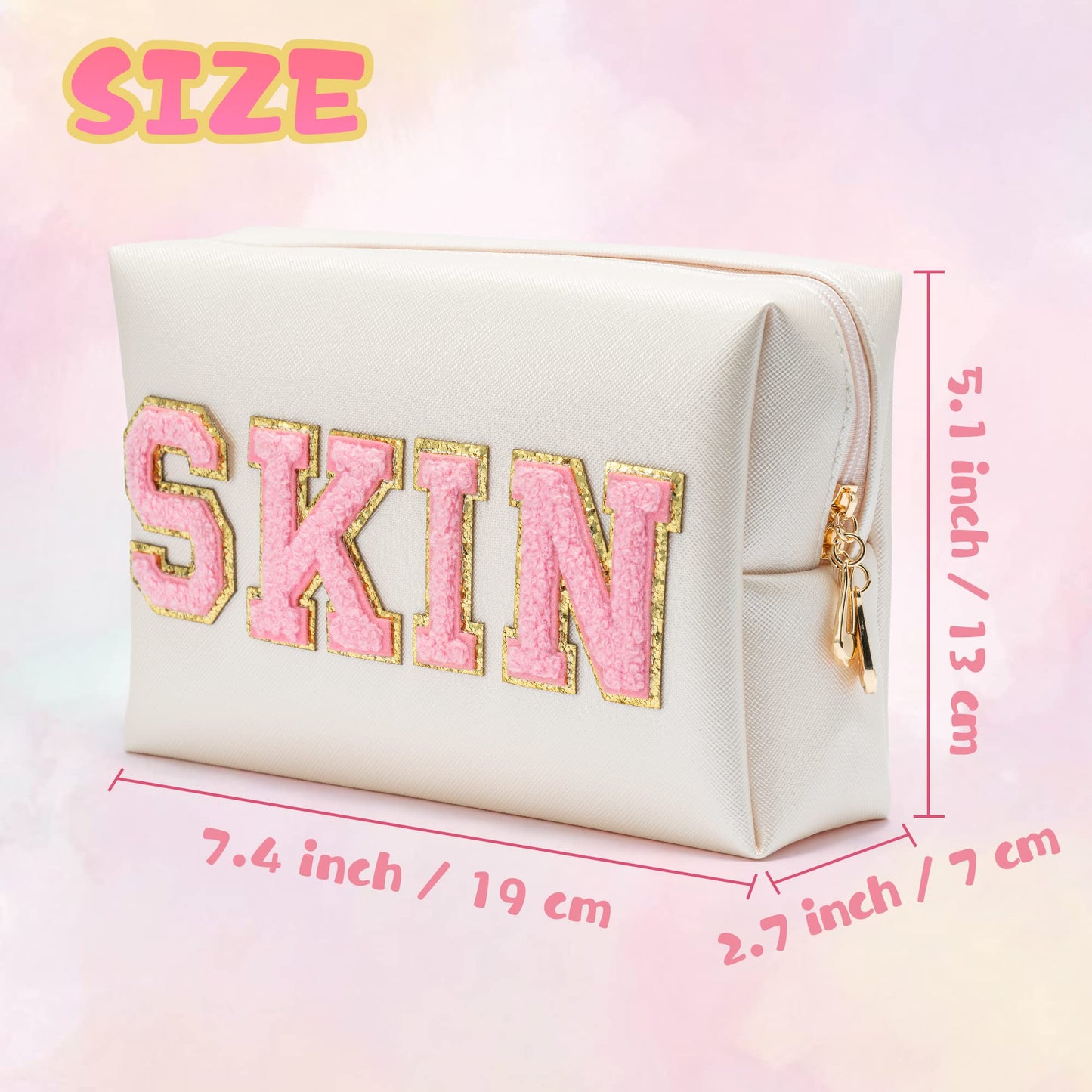 Y1tvei 4Pcs Preppy Patch Varsity Letter Makeup Bag Sewn with White Skin Hair Face Stuff Chenille Letter Cosmetic Toiletry Bag PU Leather Waterproof Portable Zipper Purse Travel Organizer E1