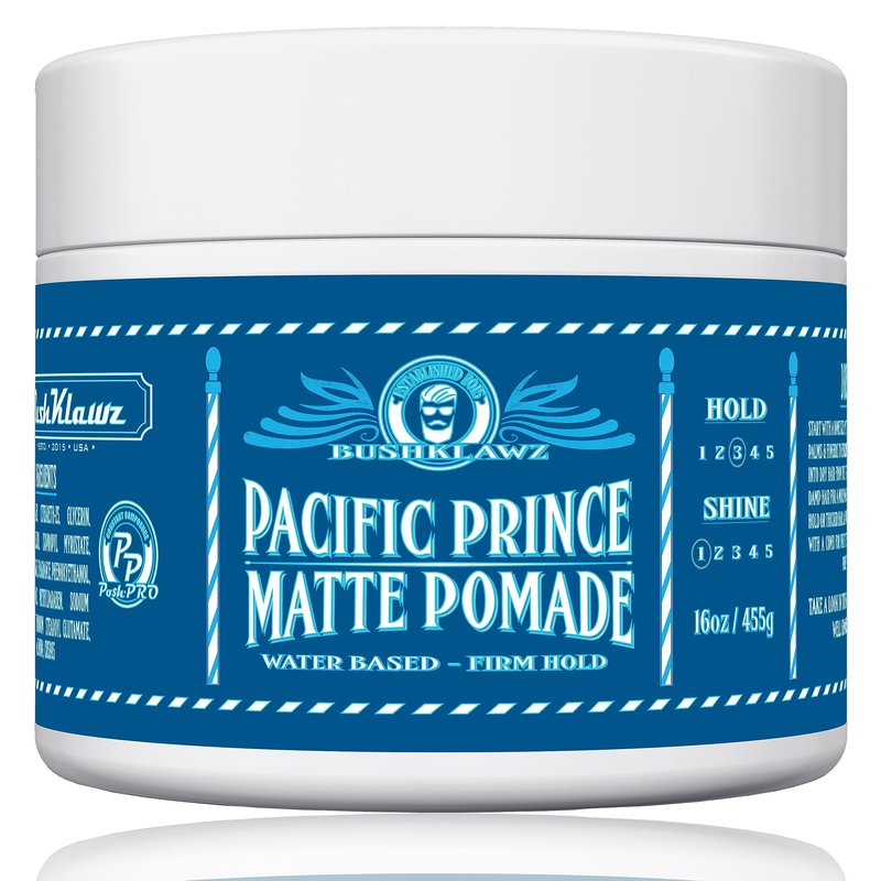 BushKlawz Pacific Prince Matte Pomade 455g/16oz Water Based Firm Hold Easy Wash No Build Up for Tight Styles Men's Styling Smells Great