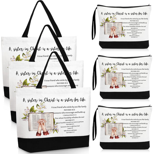 Paterr 12 Pcs 250th Anniversary Christian Tote Bags for Women, Bible Tote Bag and Canva Makeup Bag Inspirational Gifts for Teacher Nurse Ladies Sister Birthday Friendship Old Maids (Sister in Christ)