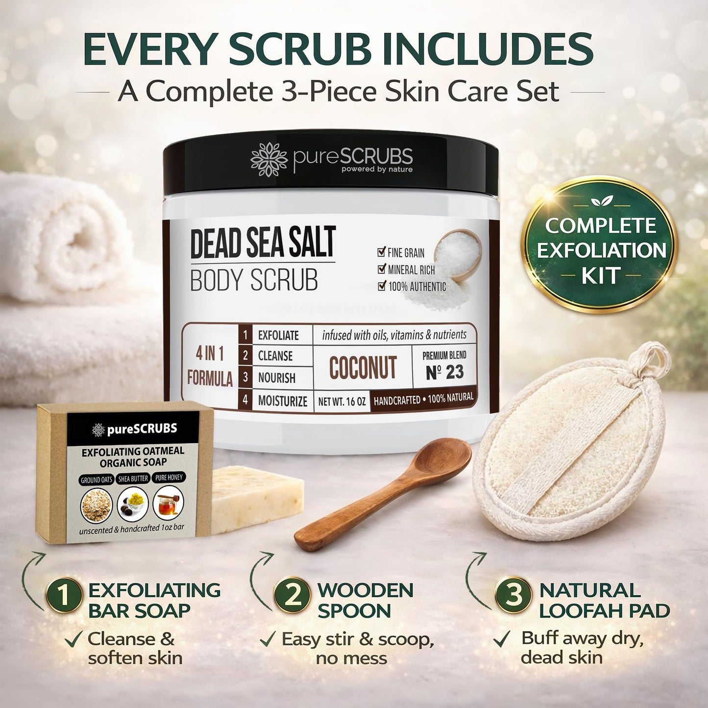 pureSCRUBS Premium Coconut Body Scrub Set, Exfoliating Dead Sea Salt Scrub