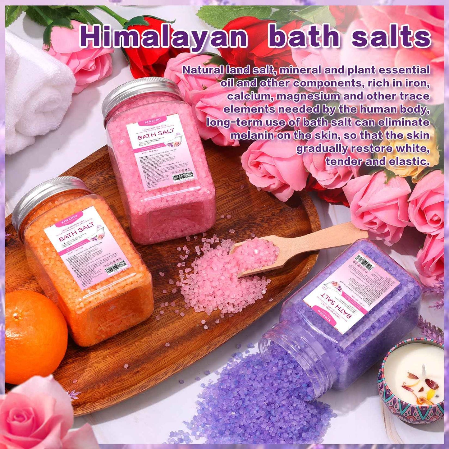 XIWEIOO Bath Salt 3 Pack Kit Himalayan Pink Salt Foot Soak Lavender Orange Rose Scent Tea Tree Oil Epsom Salt Bubble Bath for Women Dead Sea Salt Moisturizing Skin Softens Calluses Mom Bath Sea Salt