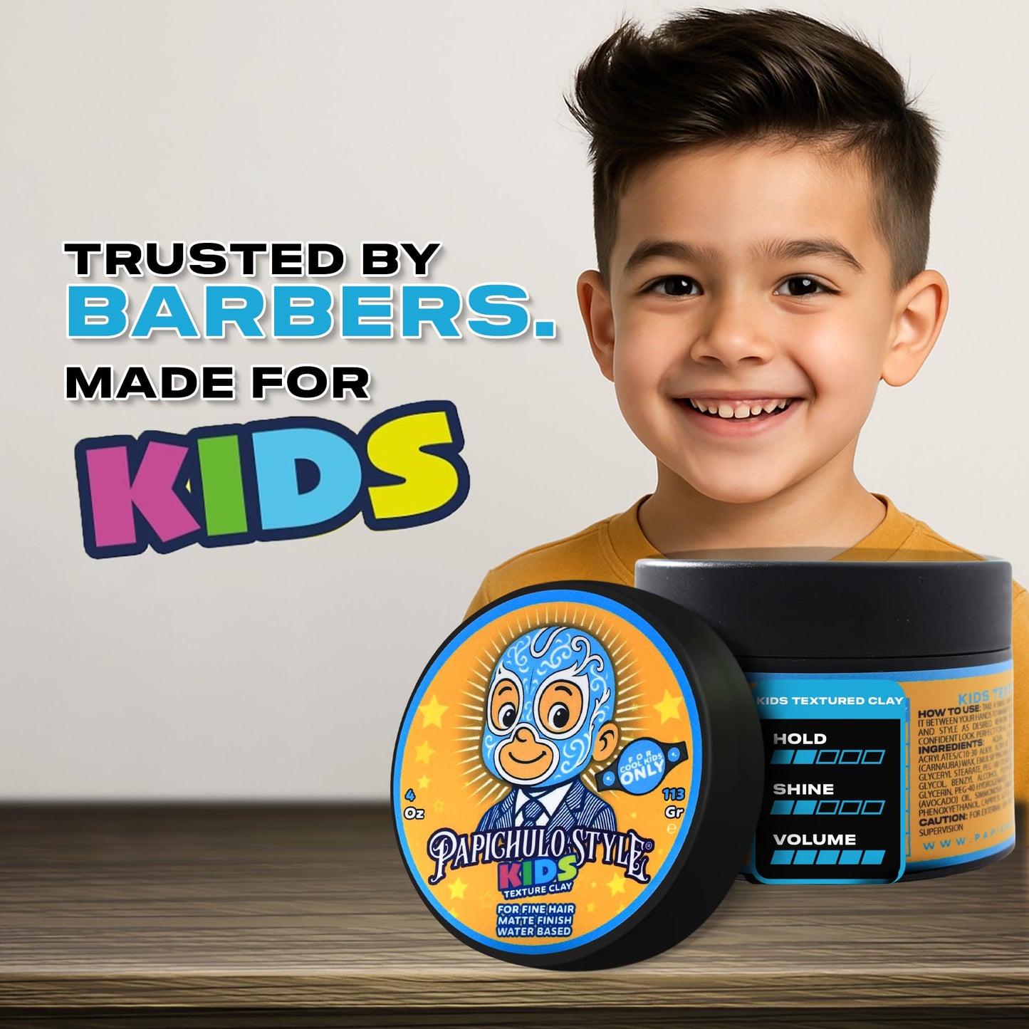 Papichulo Style Kids Texture Clay – Light Hold, Matte Finish, Adds Volume – Kid-Friendly Scent, Water-Based, Flake-Free, Easy Washout, Paraben-Free – Made in USA