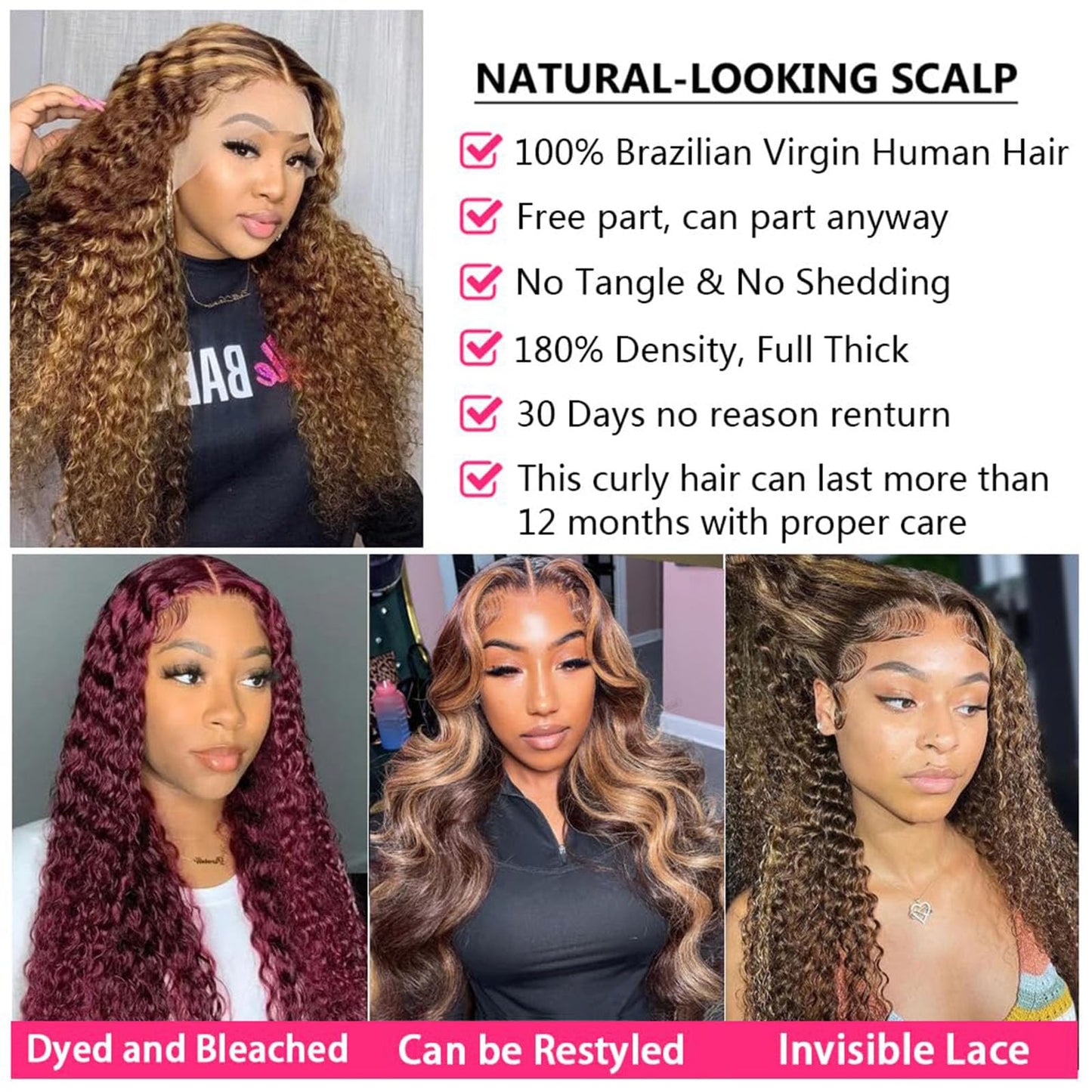 Peenoll Curly Human Hair Wig Omber T 27 Lace Frontal Closure Jerry Curly Human Hair Wig Pre Plucked Pre Cut Lace Frontal Closure Glueless Wigs Elastic Band 200% Density
