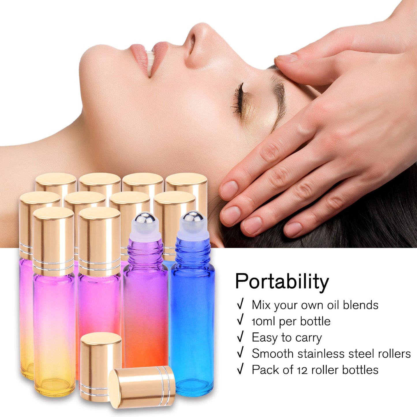 PrettyCare 60 Pack, 10 ml Essential Oil Roller Bottles with Stainless Steel Roller Ball - Bulk Refillable Leak-proof Empty Thick Rainbow Glass Roll on Bottles with Metal Caps for Travel, Perfume