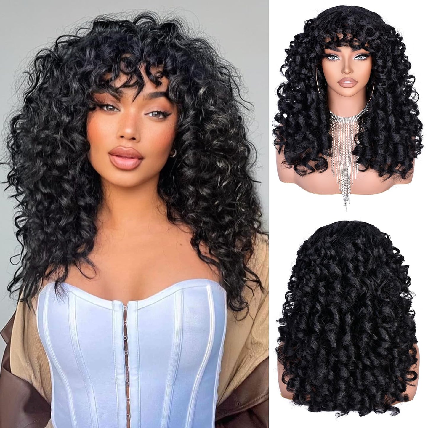 RunM Curly Wig with Bangs for Black Women Black Long Curly Afro Wig