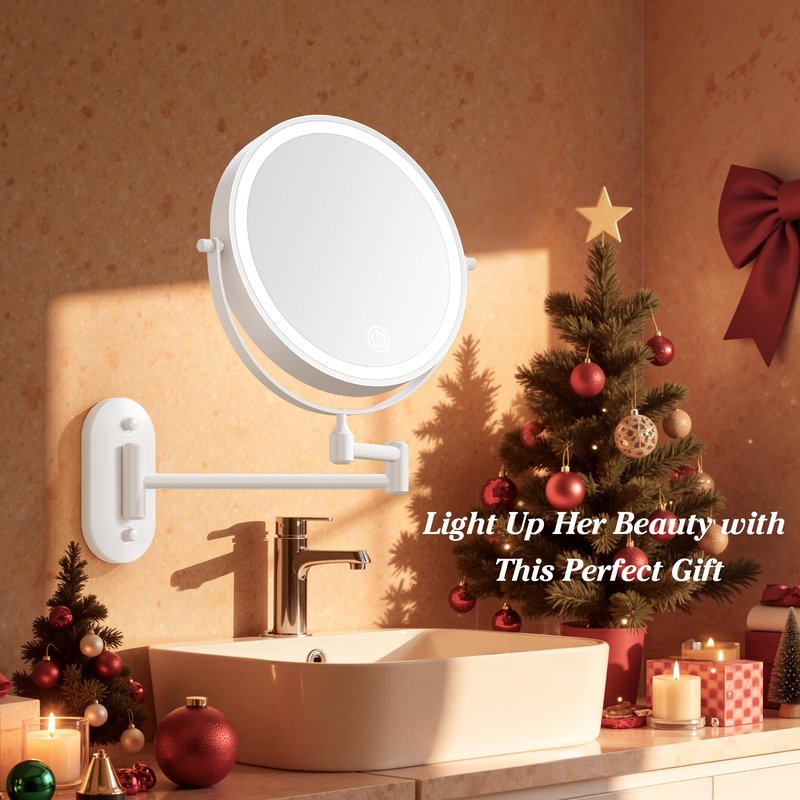 Auxmir 8'' Wall Mounted Lighted Makeup Mirror, 3200mAh Rechargeable Double-Sided 1X/20X Magnifying Mirror with Light, Touch Dimmable 3 Color Light, 360° Rotation Foldable Extended Arm, White