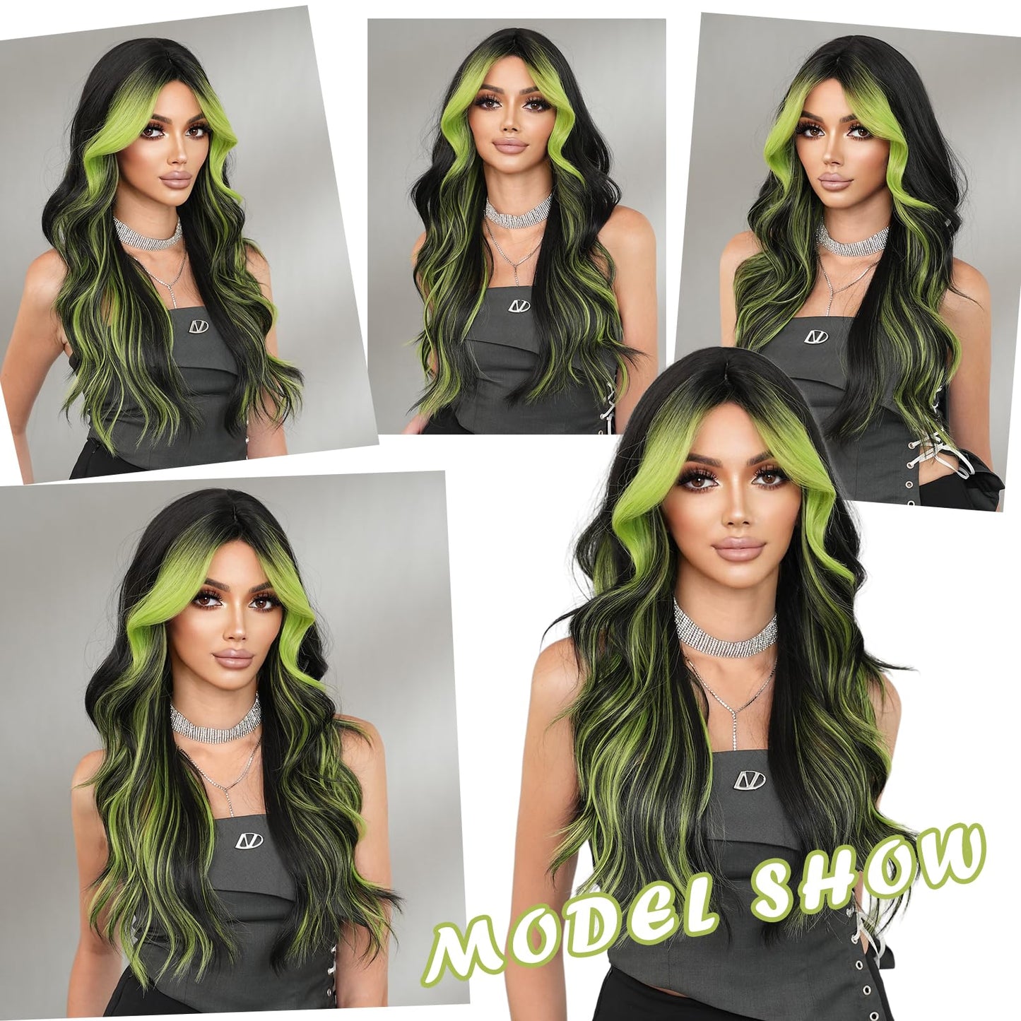 TRUMOST Black Wig Green Highlight Long Wavy Wig with Curtain Bang 26 Inch Ombre Black Green Wig Synthetic Heat Resistant for Women Daily Party used.