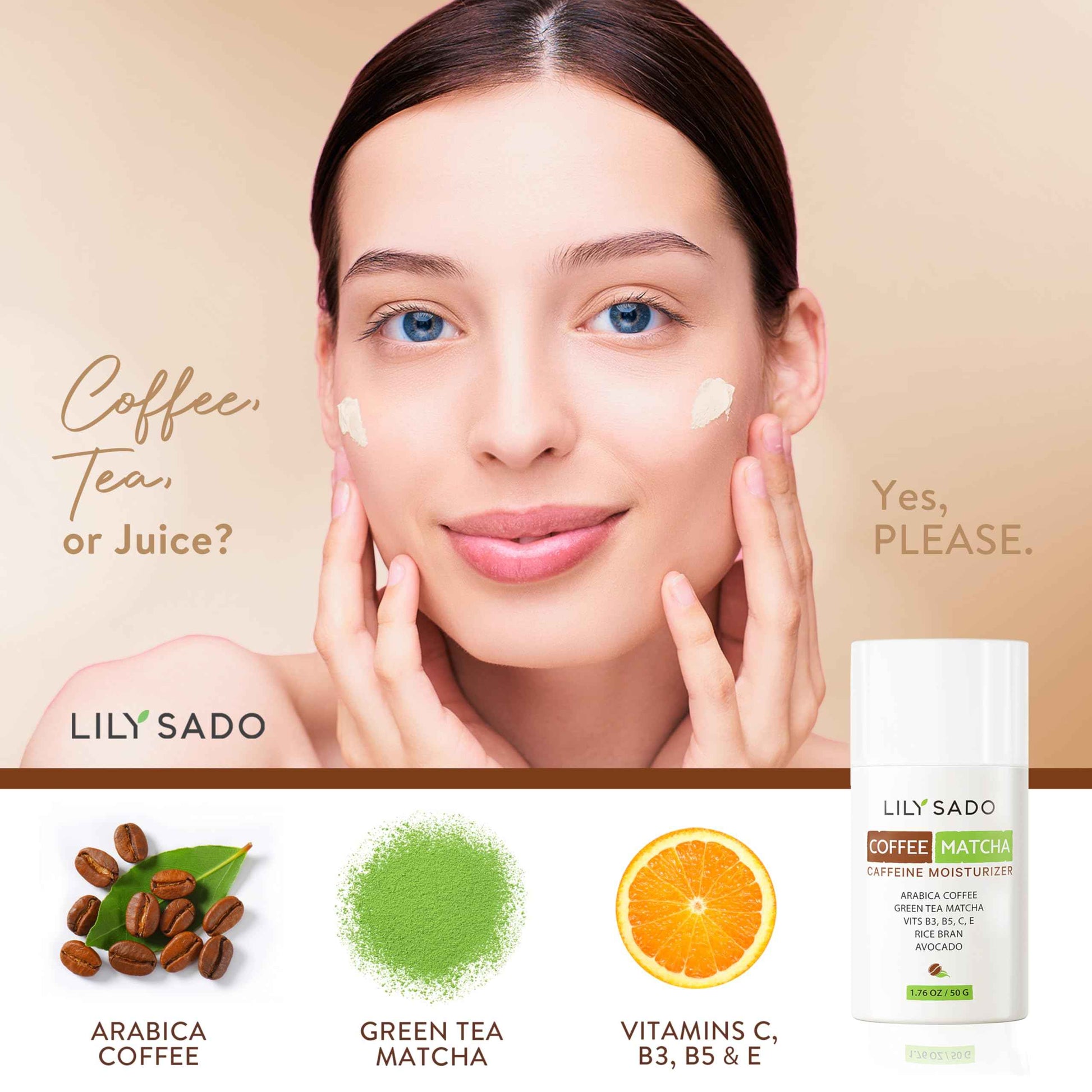 LILY SADO TEA+C™ Coffee & Matcha Face Moisturizer - Natural Vegan Caffeine Facial Cream w Green Tea & Arabica Coffee Beans - Best Antioxidant, Anti-Wrinkle Moisturizing Lotion - Softens & Firms