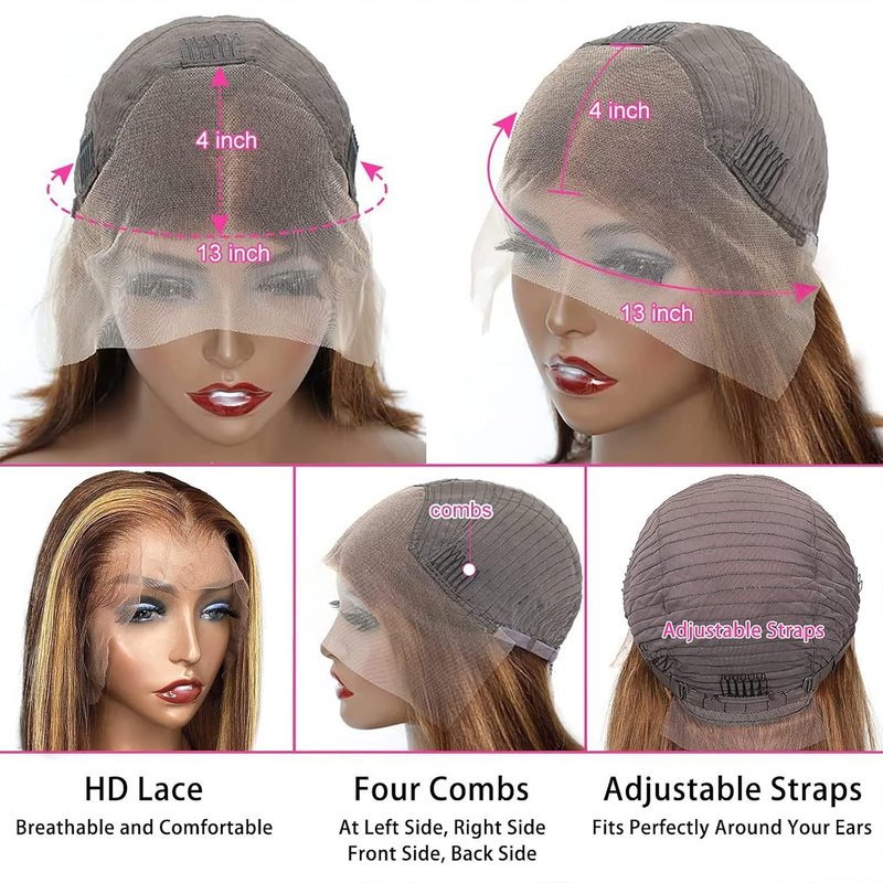 Highlight Ombre Lace Front Wig - 10 Inch Human Hair Bob Wig for Black Women | 150% Density, 13x4 Transparent Lace