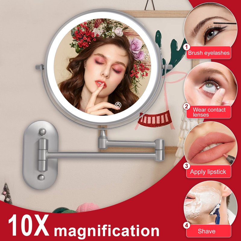 Rechargeable Wall Mounted Lighted Makeup Vanity Mirror with 10X/1X Magnification For Shaving, 8Inch Brushed Nickel Magnifying Mirror Makeup Wall Mounted with Light,13 Inch Extendable (8CB-N10X)