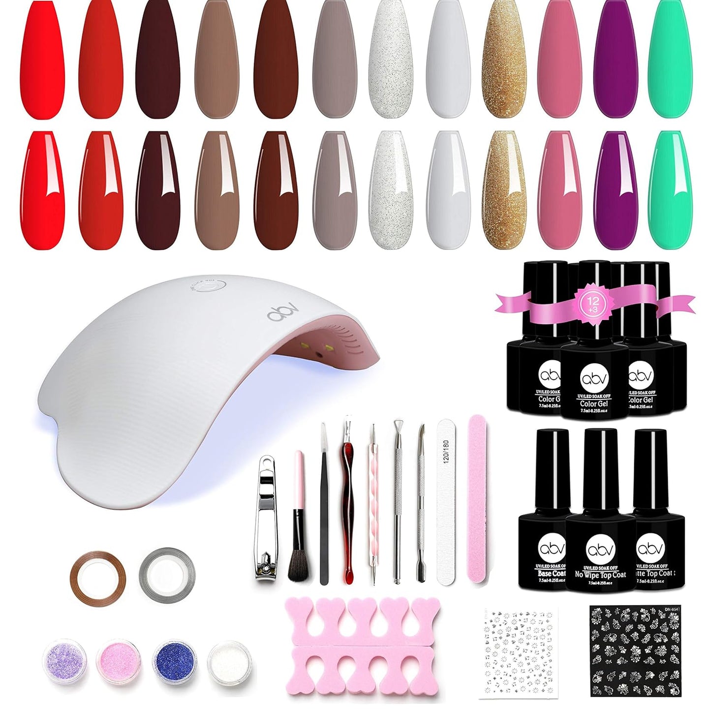 ABV Gel Nail Polish Kit - 12 Colors with 48W UV LED Nail Lamp | Soak Off Base & Top Coat, Nail Art Tools for Home Use
