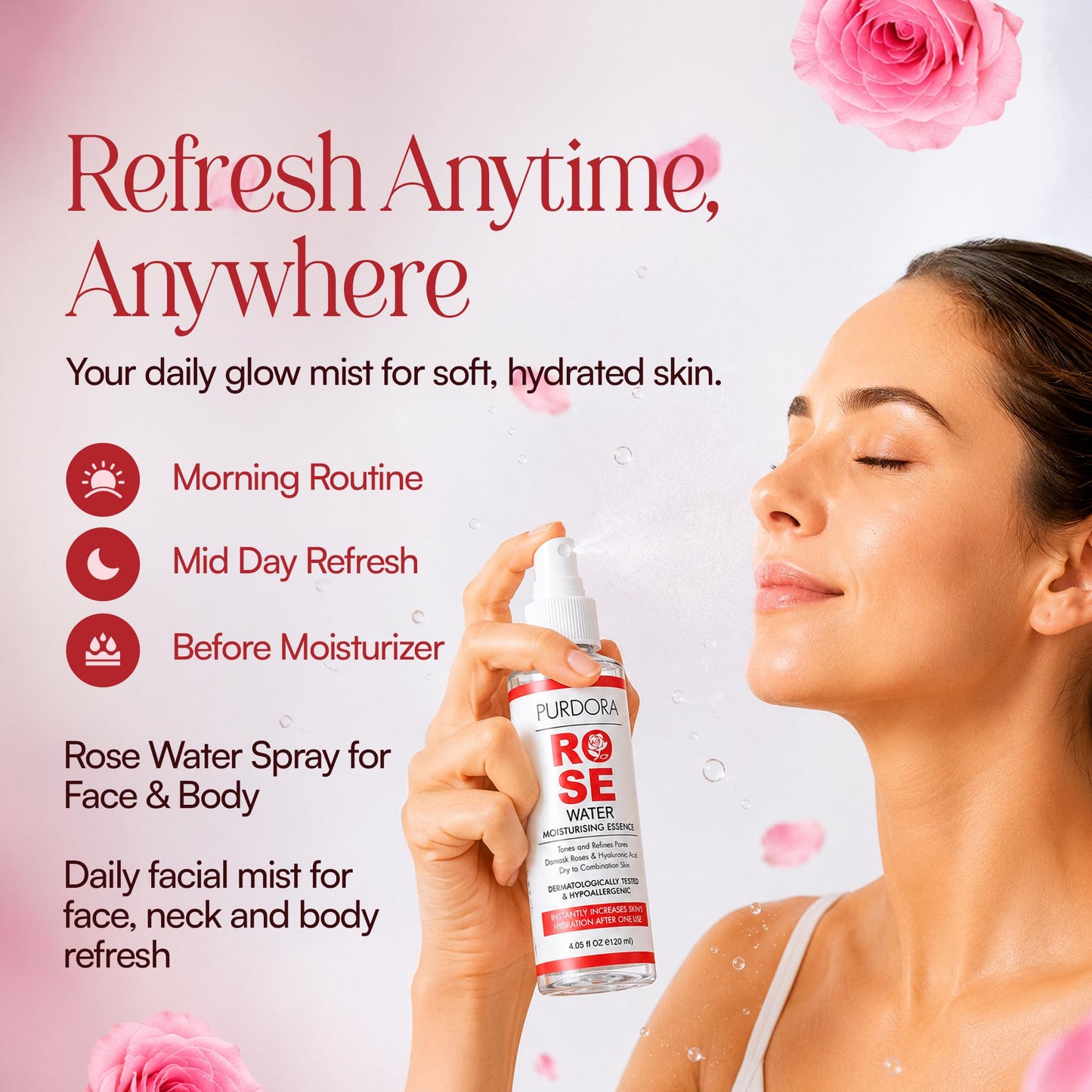 PURDORA Rose Water Spray for Face, 4 Fl Oz Damask Rose Water Toner & Hydrating Mist for Dry to Combination Skin, Refreshes Skin, Non-Sticky, Hypoallergenic, No Dyes, Alcohol Free, Vegan