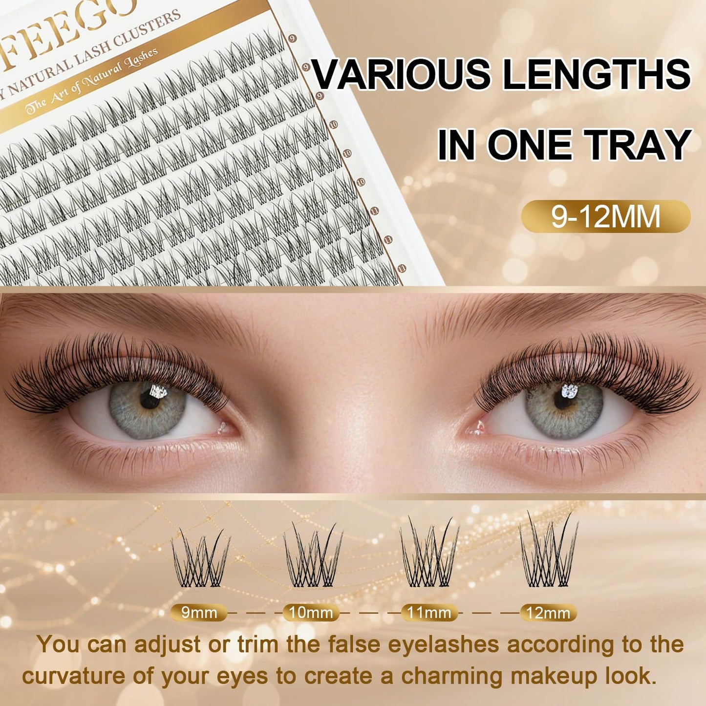FEEGO Natural Lash Extension Kit 168Pcs Lash Clusters Kit Wispy Eyelash Extensions Individual Lashes Extensions with Bond and Seal Lash Glue and Eyelash Extension Tweezers DIY (9-12 MM)