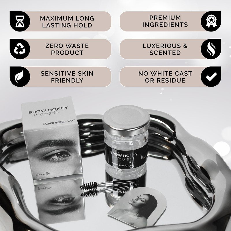 Brow Honey by Baezilla Eyebrow Gel - Long Lasting Clear Waterproof Wax Lamination Gift Set With Brush - Natural Amber Bergamot Scent