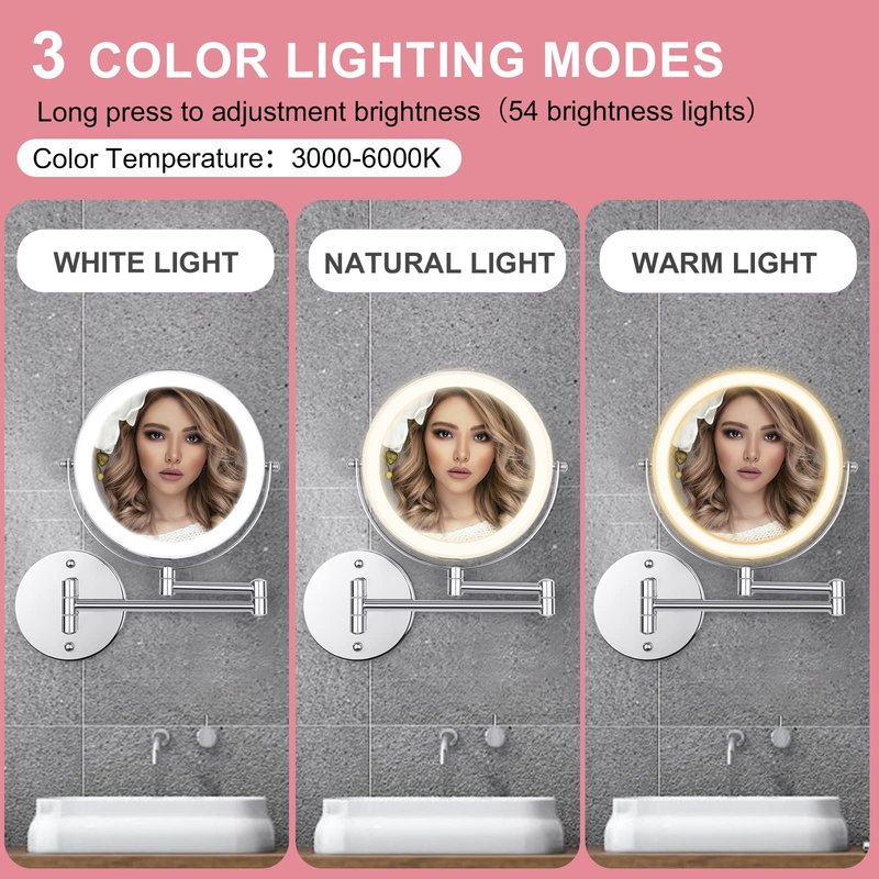 FFowcye 8" LED Wall Mounted Makeup Mirror, 1X/10X Magnifying Vanity Mirror with 3 Color Modes, 2000mAh Rechargeable 360° Swivel Extendable Arm, Polished Chrome for Bathroom Makeup, Shaving, Skincare
