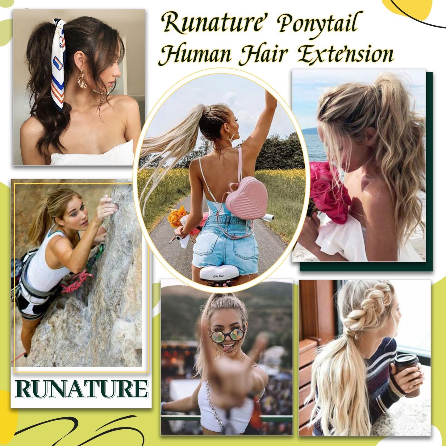 RUNATURE Human Hair Ponytail Extension Blonde Ponytail Hair Extension Dark Blonde Highlight Caramel Blond Short Ponytail Human Hair Extensions Straight Pony Tails Hair Extension 12 Inch 70g