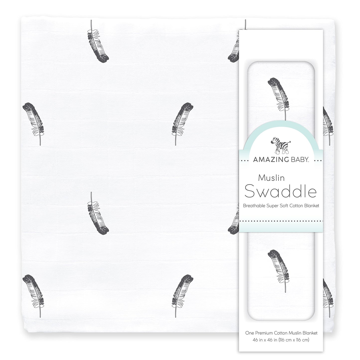 Amazing Baby Muslin Swaddle Blanket, Premium Cotton, Little Feather, Gray & Soft Black