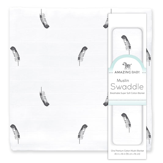 Amazing Baby Muslin Swaddle Blanket, Premium Cotton, Little Feather, Gray & Soft Black
