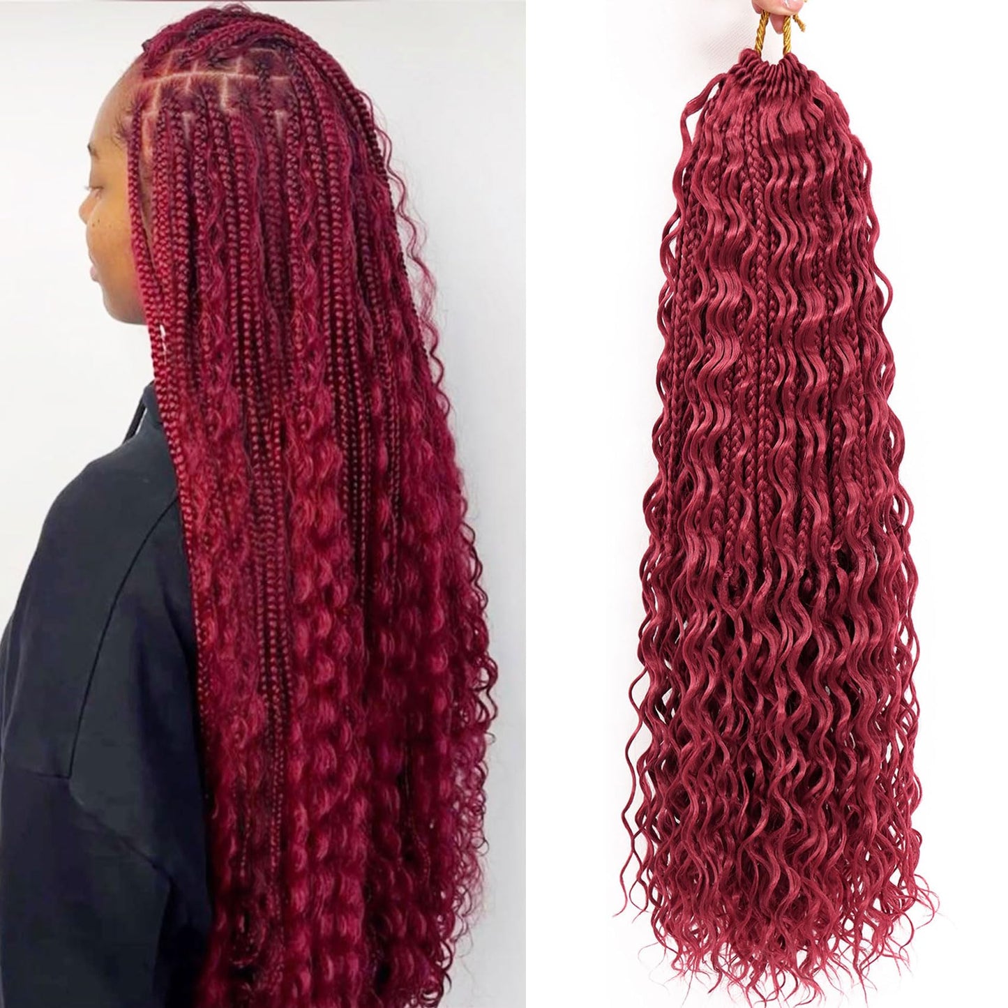 24 Inch 7 Pack Goddess Box Braids Burgundy Bohemian Crochet Boho Box Braids With Curly Ends Pre-looped Crochet Braids Hair for Women Synthetic Braiding Hair