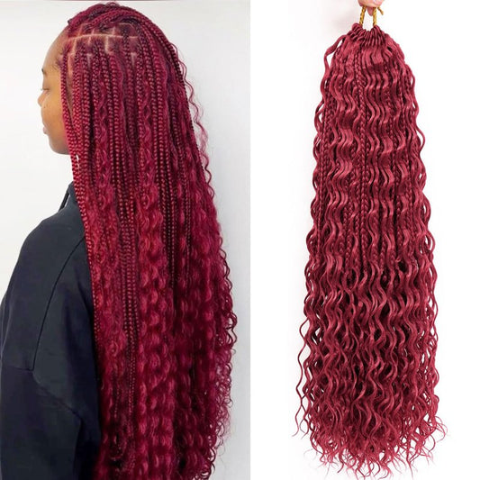 24 Inch 7 Pack Goddess Box Braids Burgundy Bohemian Crochet Boho Box Braids With Curly Ends Pre-looped Crochet Braids Hair for Women Synthetic Braiding Hair