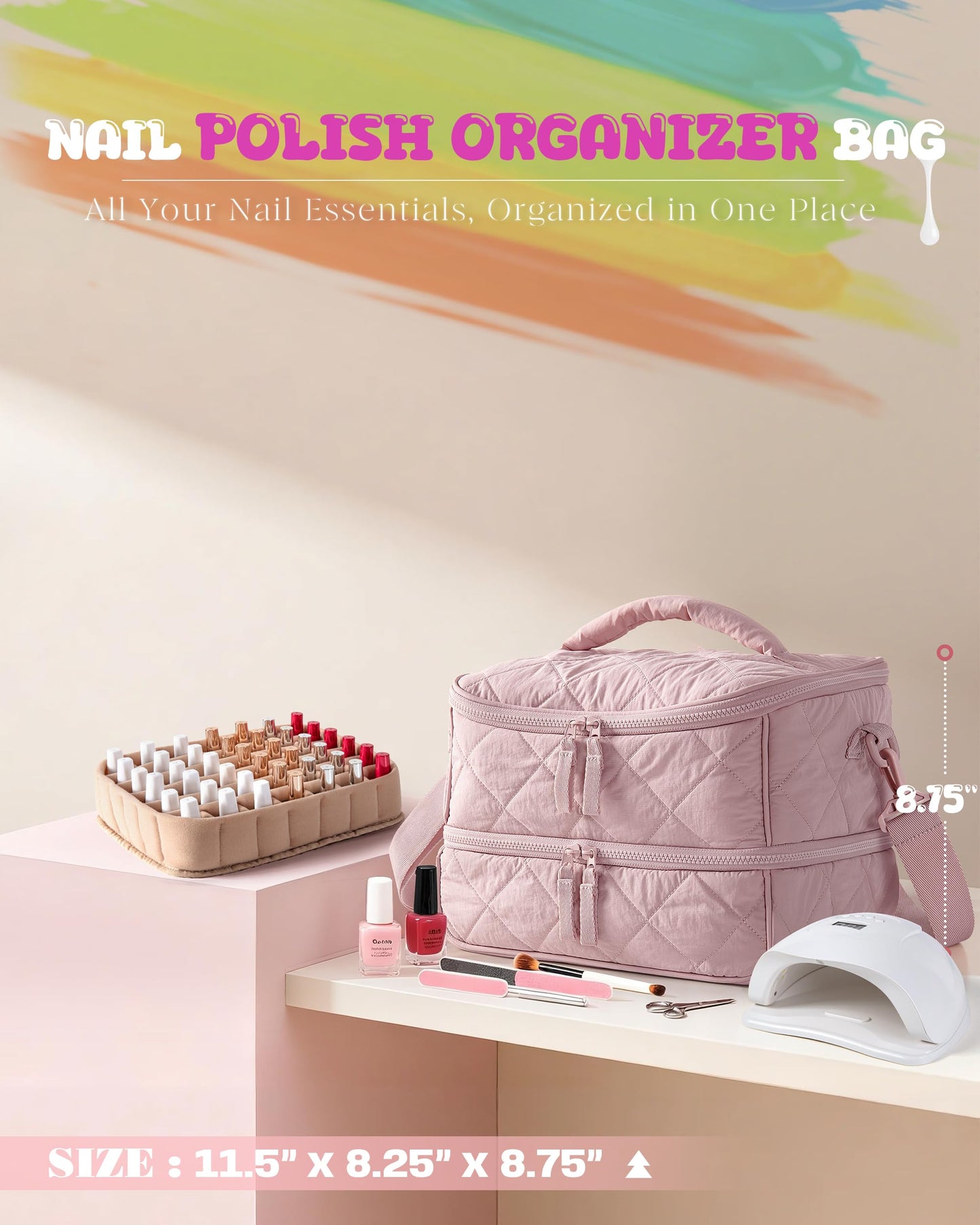 Marscamd Quilted Nail Polish Organizer Bag Holds 42 Bottles and Nail Lamp