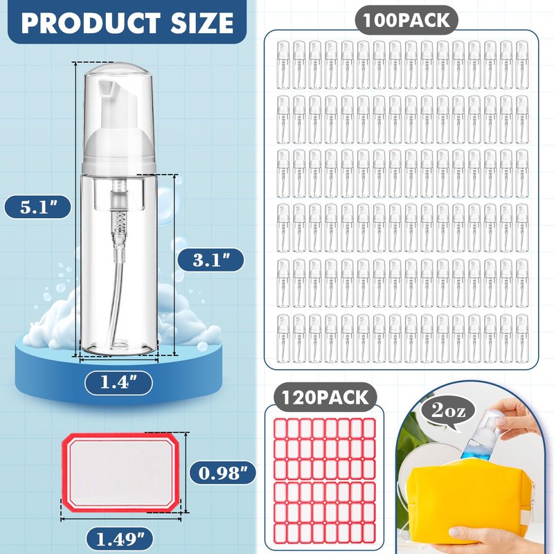100 Pcs 2 oz Plastic Foam Pump Bottle Refillable 60ml Travel Mousse Foaming Soap Dispenser Mini Eyelash Cleaning Foam Bottle Dispenser for Face Wash Lash Shampoo Skin Care